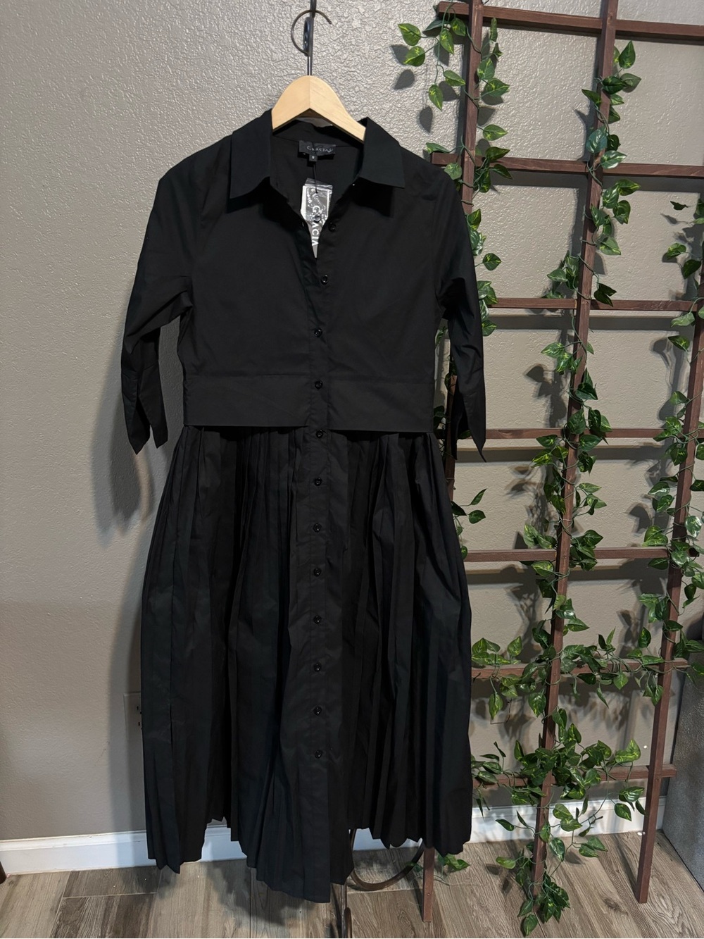 NEW Gracia Black Pleated Button-Front Midi Shirt Dress